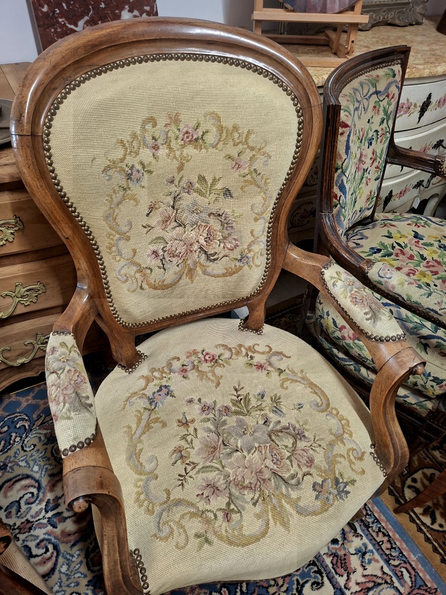 Paire de fauteuils Cabriolet style Louis XV 19éme en tapisserie -photo-3