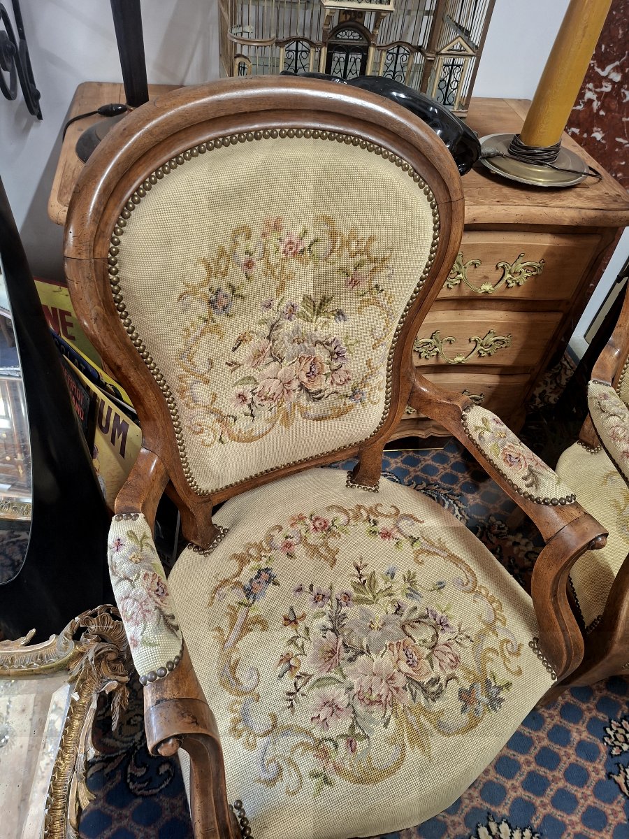 Paire de fauteuils Cabriolet style Louis XV 19éme en tapisserie -photo-4