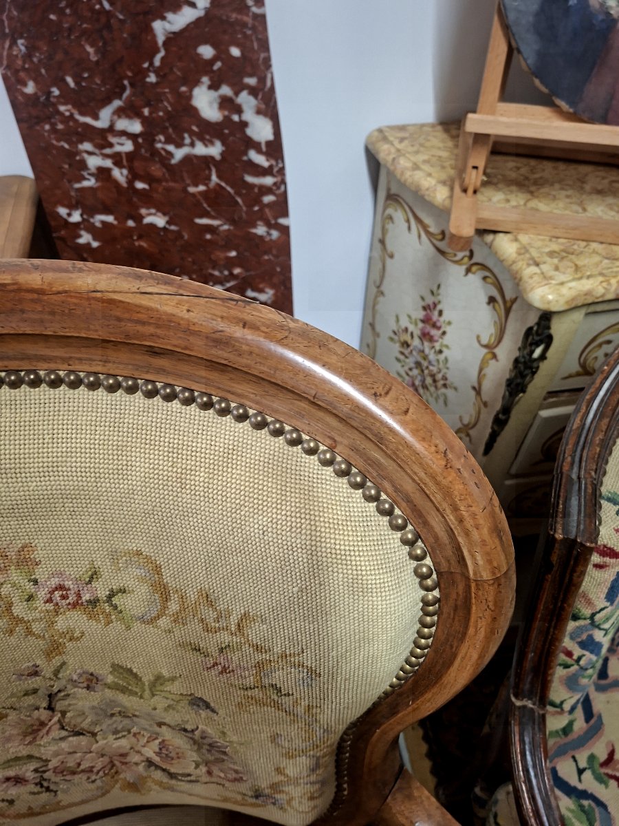 Paire de fauteuils Cabriolet style Louis XV 19éme en tapisserie -photo-2