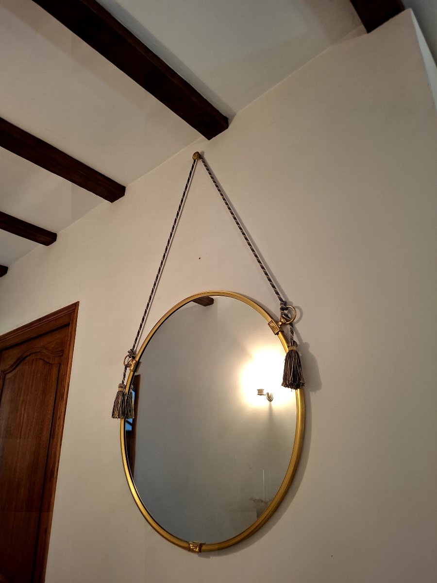 Round Gold Wall Mirror With Vintage 1970s Rope -photo-2