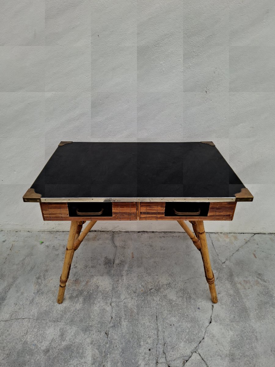 Vintage Bamboo Desk With Leather Upholstery From The 1950s By Gilles Sermadiras -photo-2