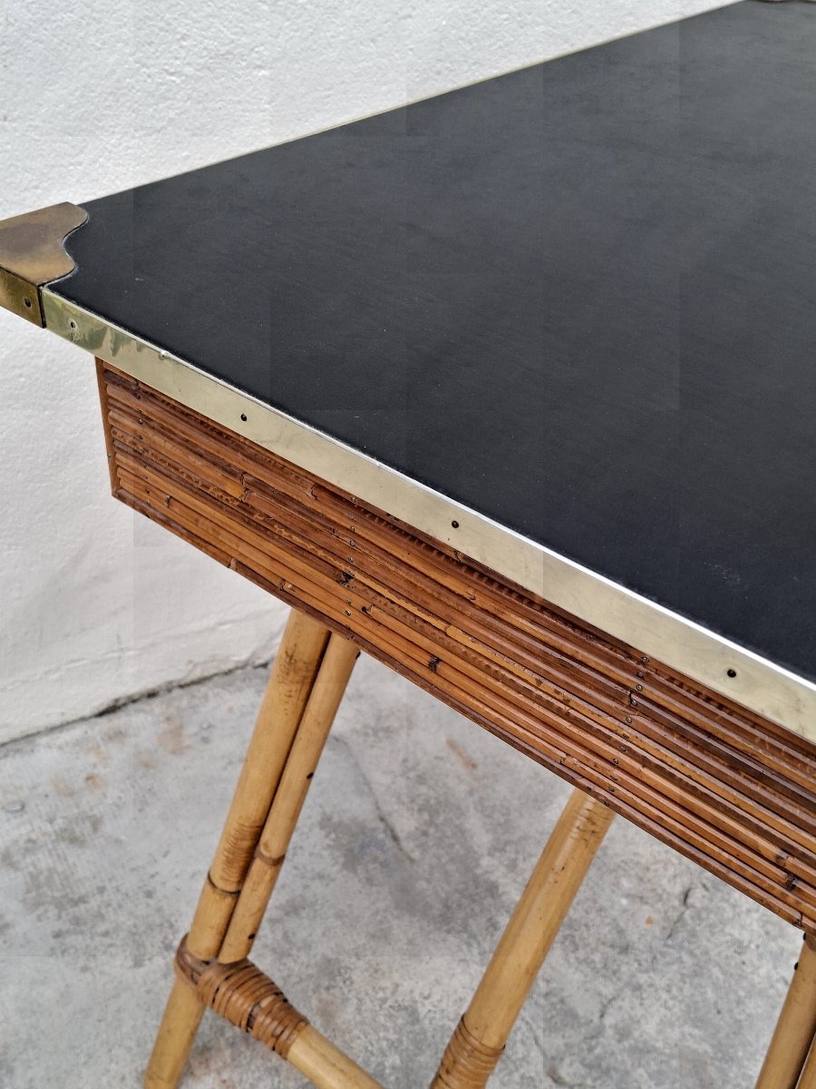 Vintage Bamboo Desk With Leather Upholstery From The 1950s By Gilles Sermadiras -photo-3