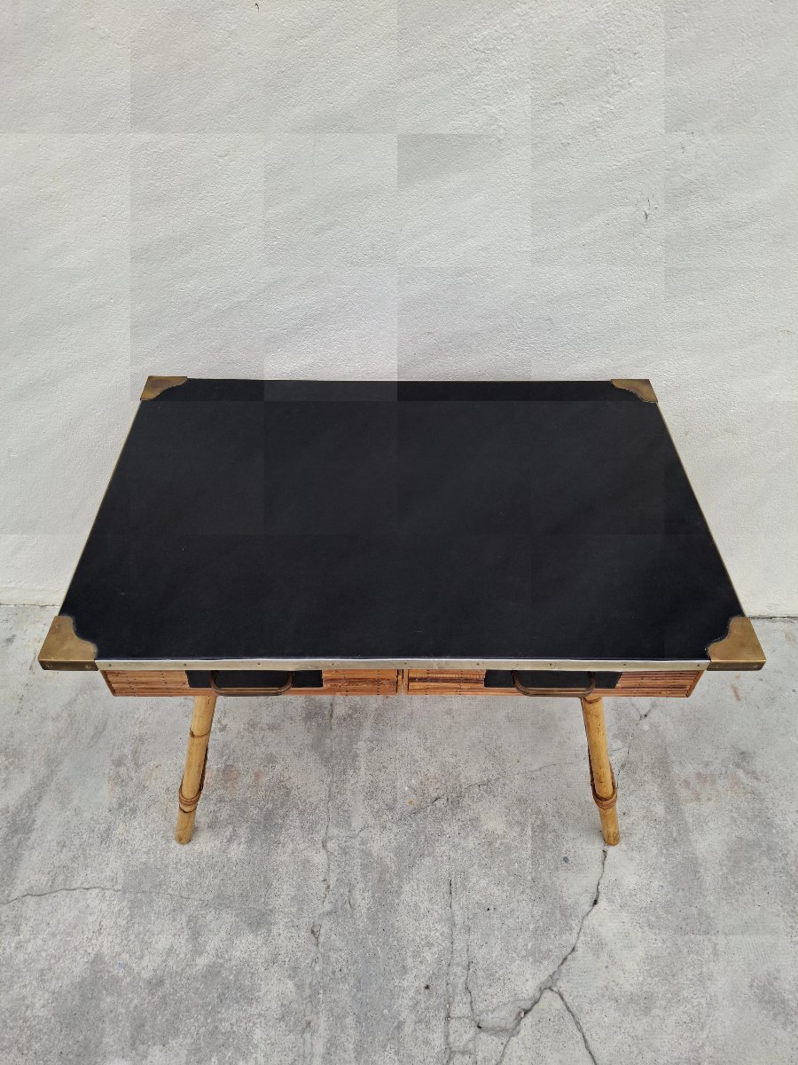 Vintage Bamboo Desk With Leather Upholstery From The 1950s By Gilles Sermadiras -photo-1