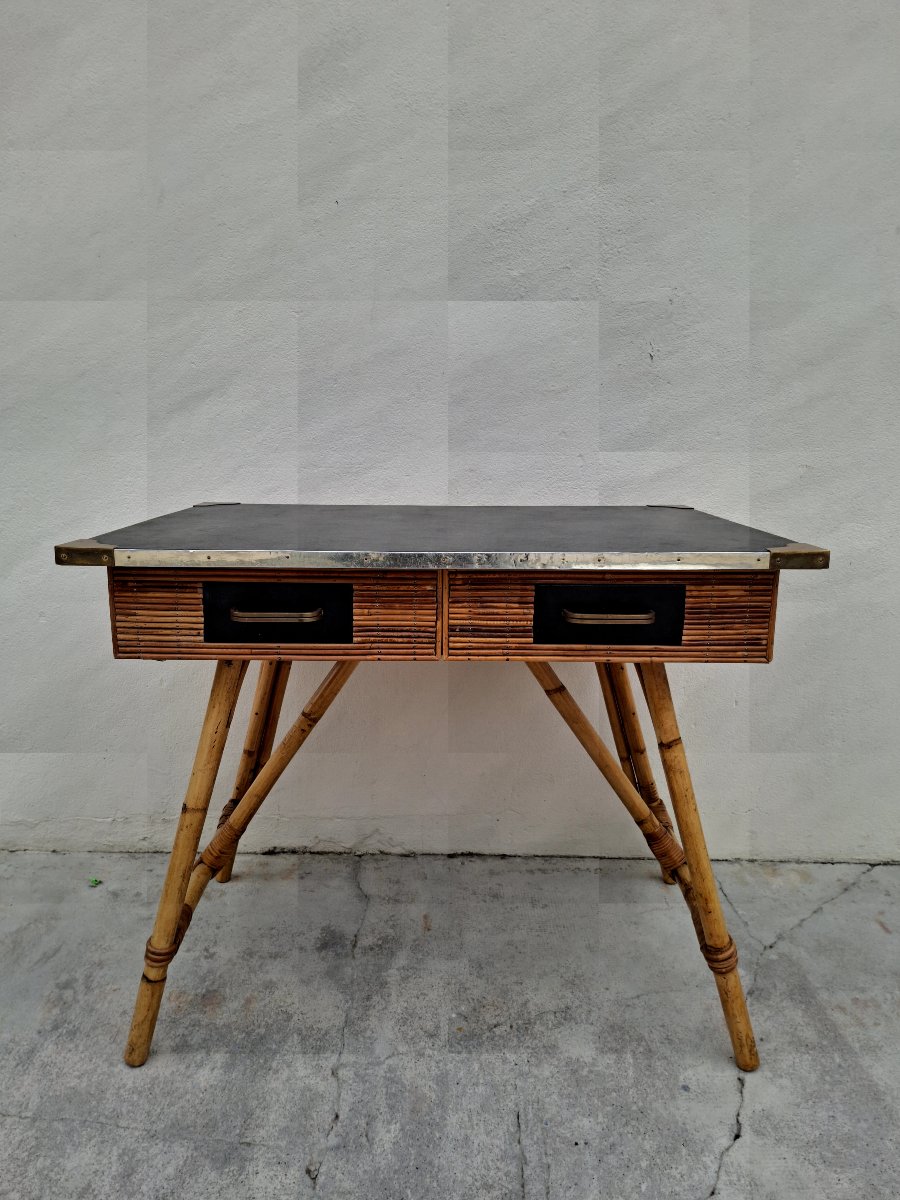 Vintage Bamboo Desk With Leather Upholstery From The 1950s By Gilles Sermadiras -photo-2