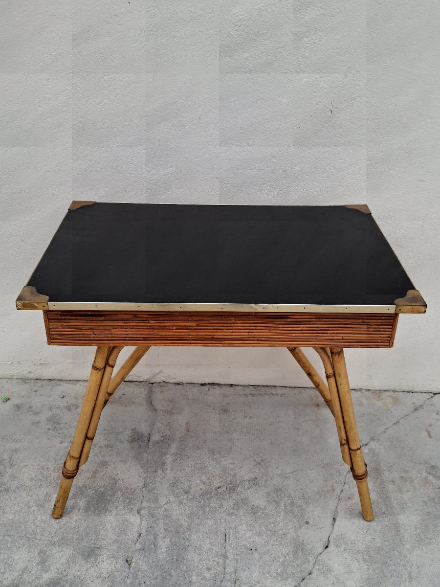Vintage Bamboo Desk With Leather Upholstery From The 1950s By Gilles Sermadiras -photo-4