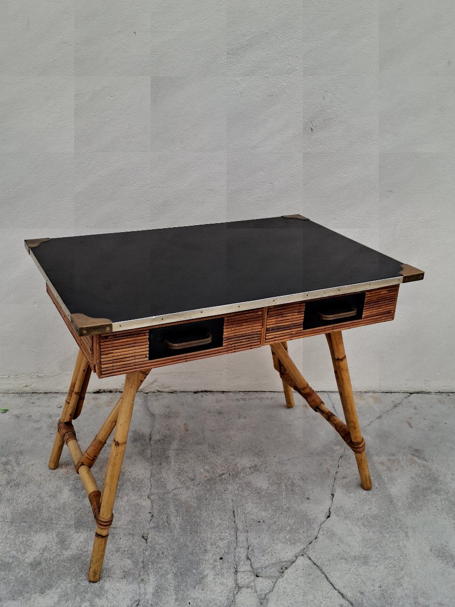 Vintage Bamboo Desk With Leather Upholstery From The 1950s By Gilles Sermadiras -photo-5
