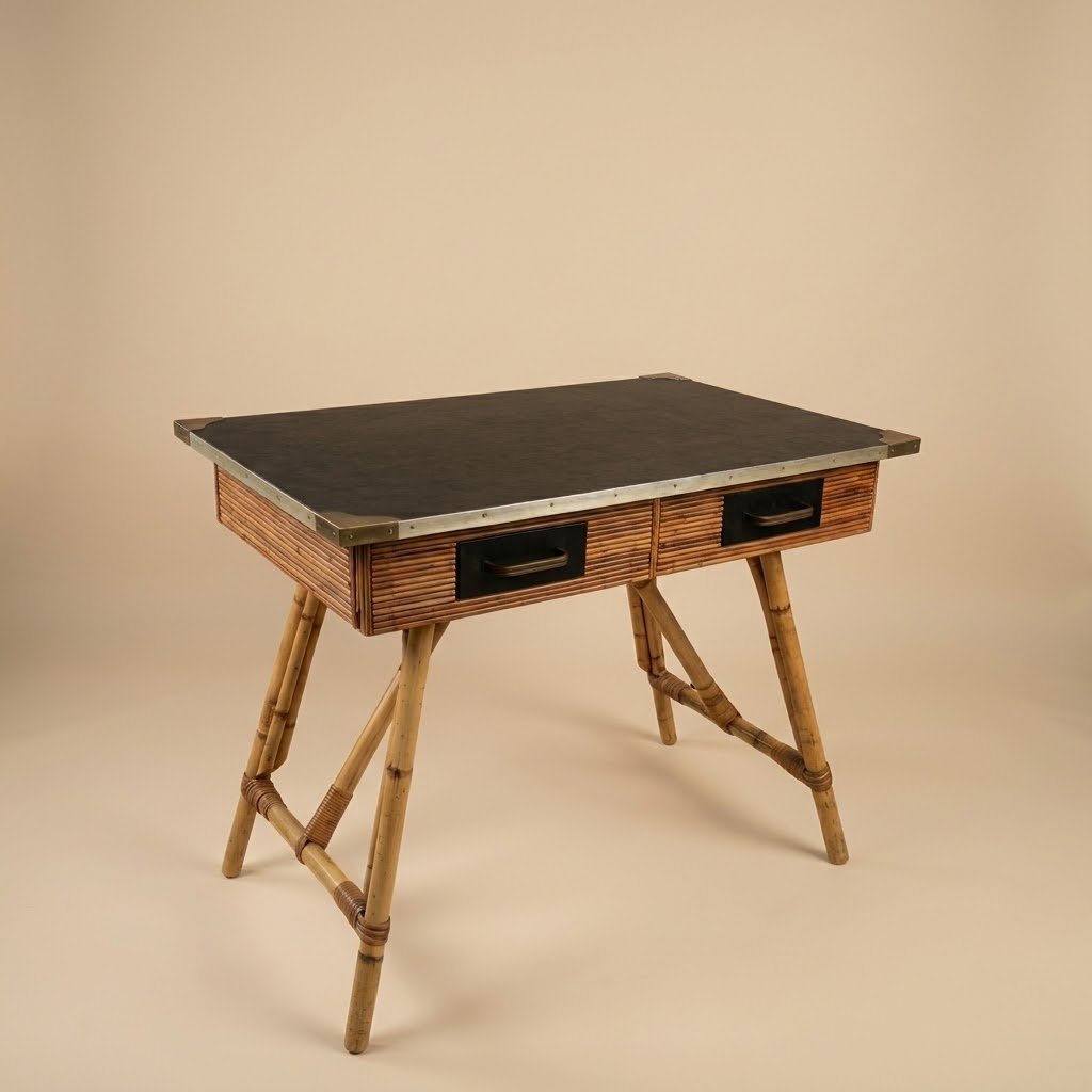 Vintage Bamboo Desk With Leather Upholstery From The 1950s By Gilles Sermadiras 