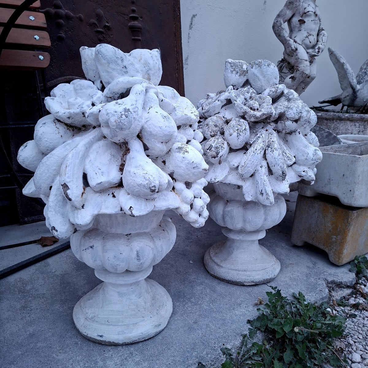 Pair Of Vases Filled With Fruit, Made Of Reconstituted Stone -photo-2