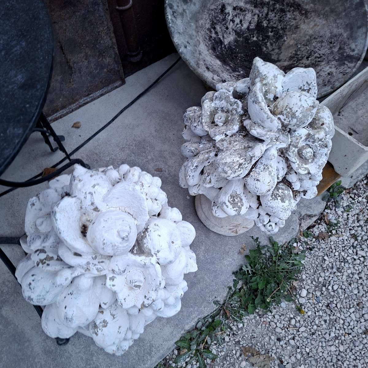 Pair Of Vases Filled With Fruit, Made Of Reconstituted Stone -photo-3