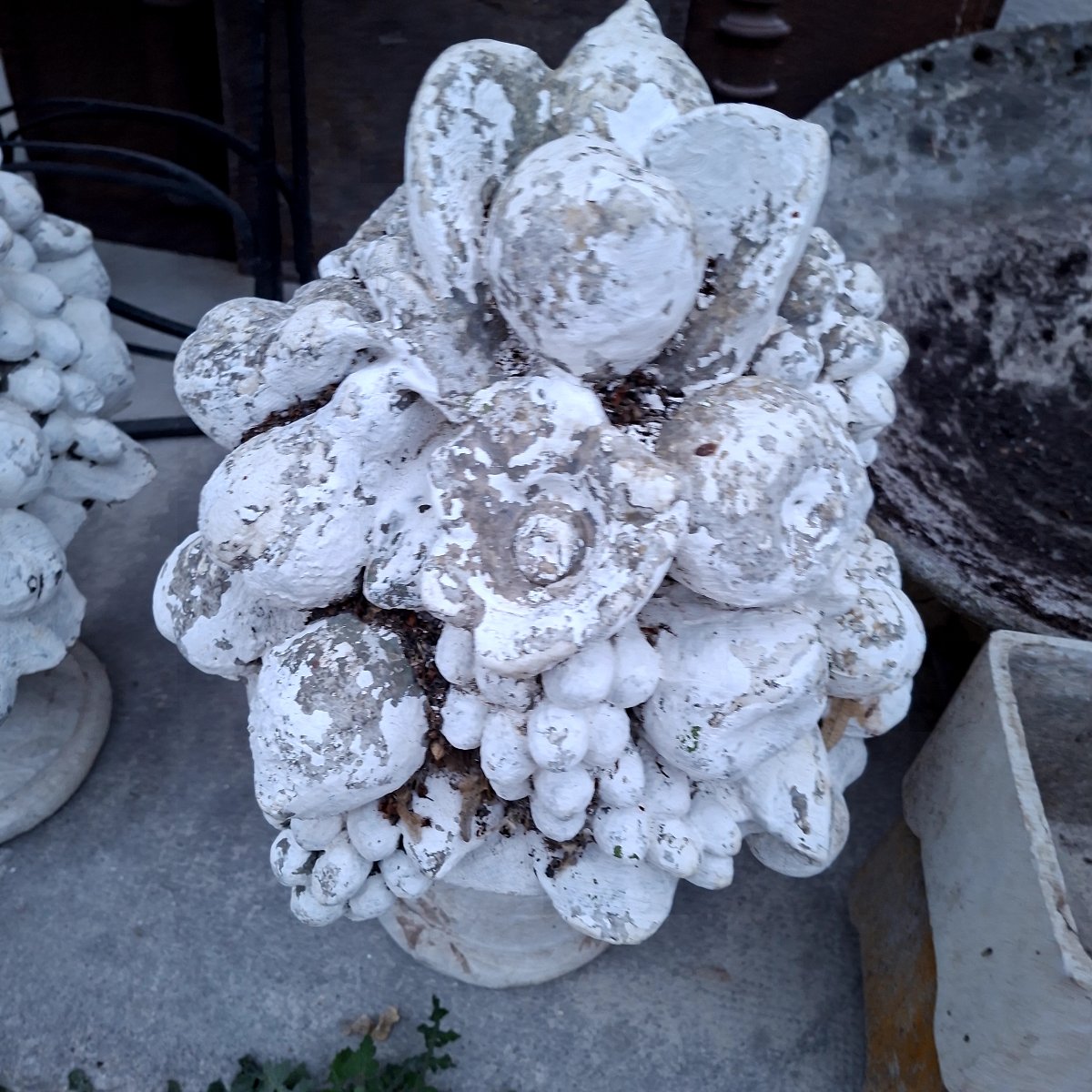 Pair Of Vases Filled With Fruit, Made Of Reconstituted Stone -photo-3