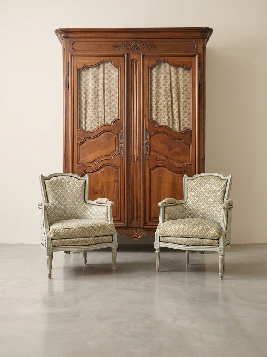 Paire de Fauteuils Bergères cabriolet style Louis XVI patiné ancienne -photo-2