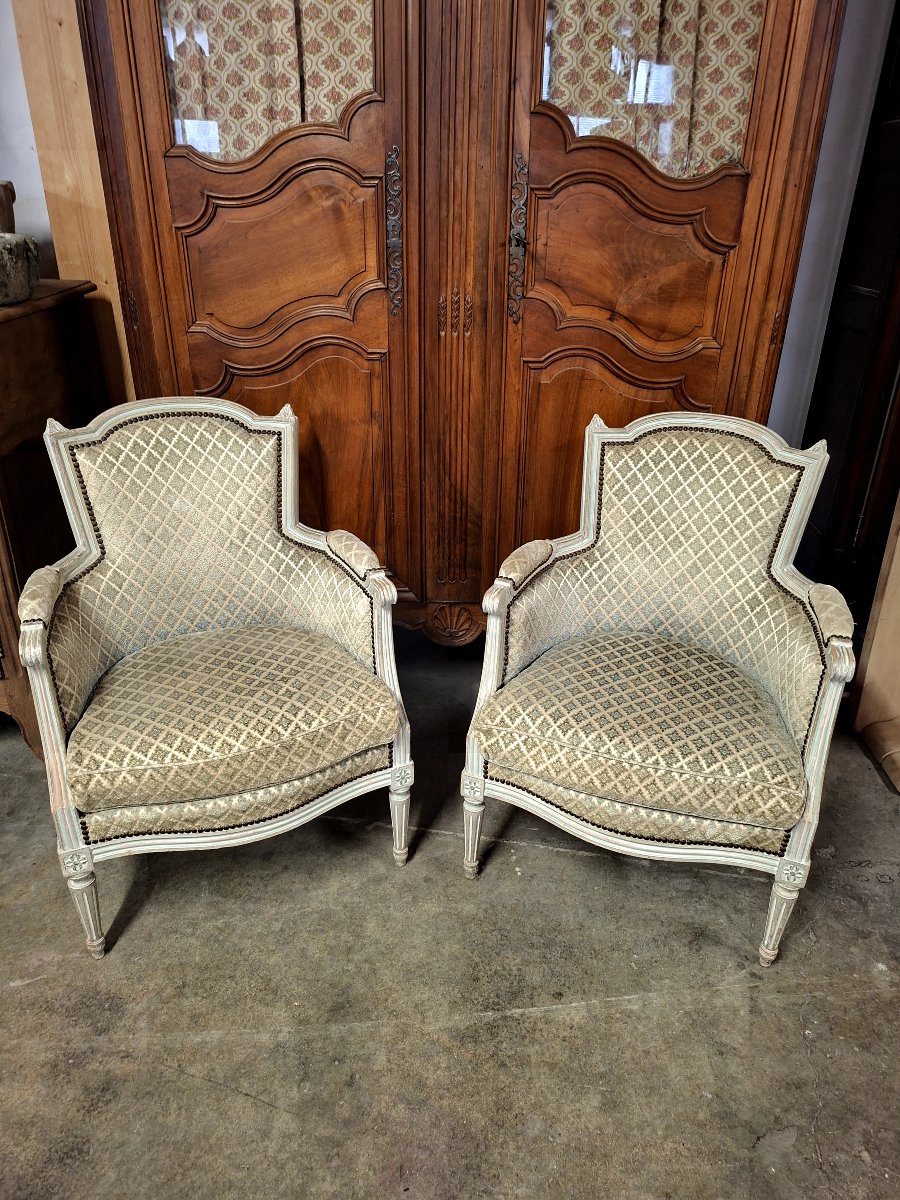 Paire de Fauteuils Bergères cabriolet style Louis XVI patiné ancienne -photo-4