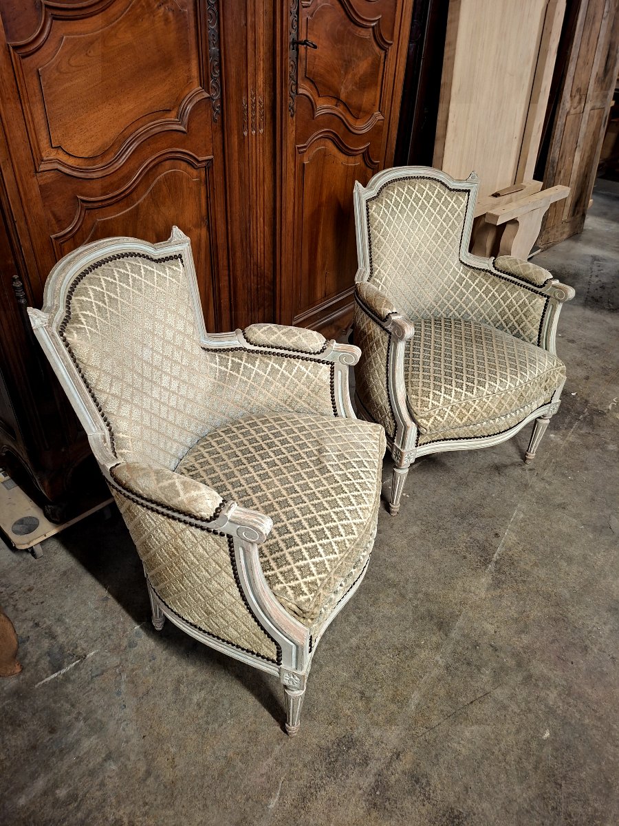 Paire de Fauteuils Bergères cabriolet style Louis XVI patiné ancienne -photo-2