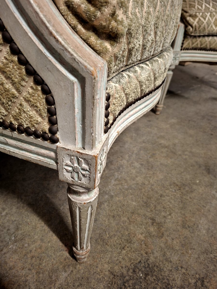Paire de Fauteuils Bergères cabriolet style Louis XVI patiné ancienne -photo-3