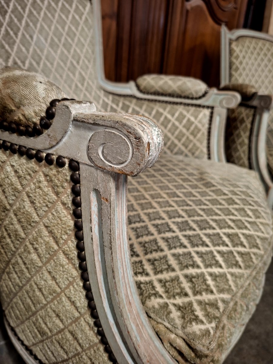 Paire de Fauteuils Bergères cabriolet style Louis XVI patiné ancienne -photo-4