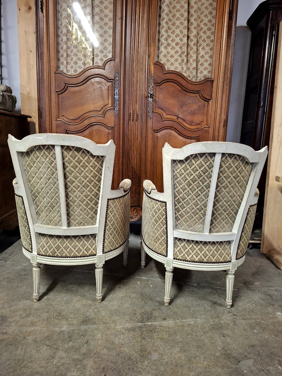 Paire de Fauteuils Bergères cabriolet style Louis XVI patiné ancienne -photo-5
