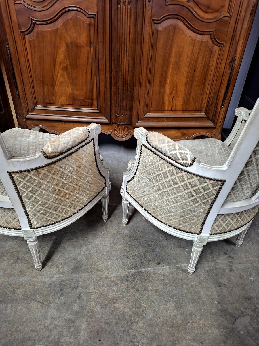 Paire de Fauteuils Bergères cabriolet style Louis XVI patiné ancienne -photo-6