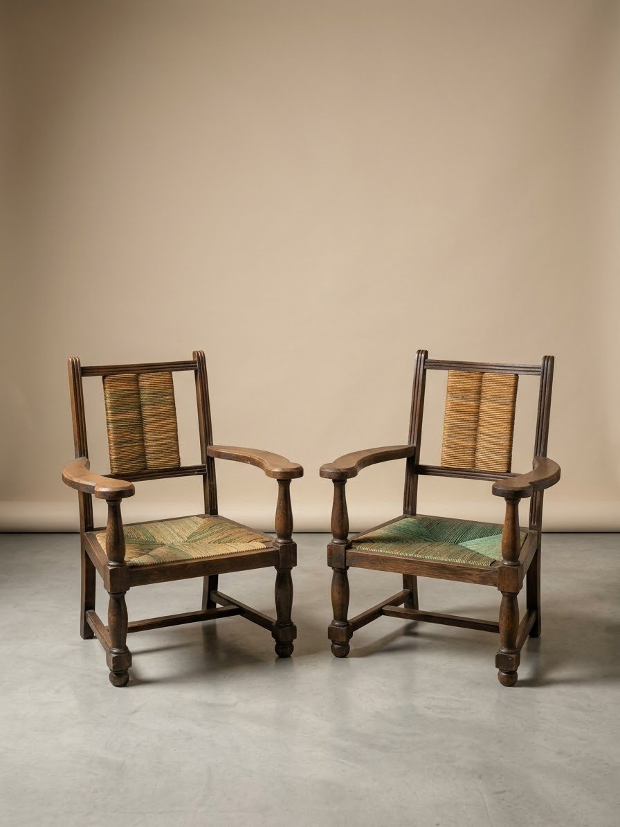 Pair Of Brutalist Armchairs Made Of Rustic Turned Wood, 1950s 