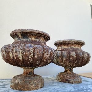 Pair Of 19th Century Cast Iron Medici Planter Vases, Signed 