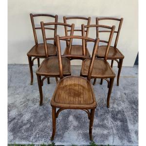 Set Of 6 Baumann Bistro Chairs, Signed, In Curved Wood, 1930s Period
