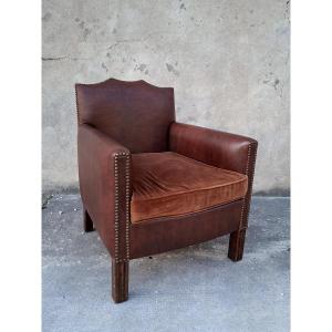 Club Chair In Vinyl And Vintage Fabric, 1930s Art Deco Style 