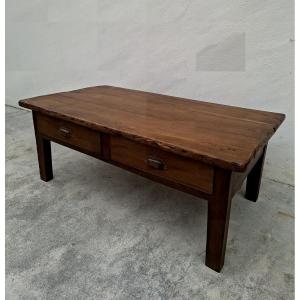 Antique Rustic Farmhouse Coffee Table, Made In The 1900s, Featuring Two Drawers On The Front 