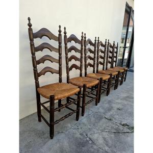 Serie de 6 chaises paillée haut dossier en chêne massif début 1900s 