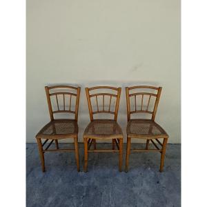 Serie de 3 chaises de bistrot guinguette 1930s en cannage