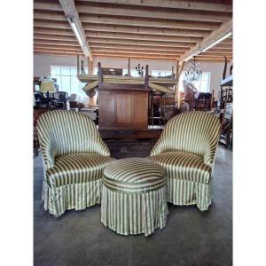 Set Comprising A Pair Of 1930s "crapaud" Armchairs And An Antique Ottoman.
