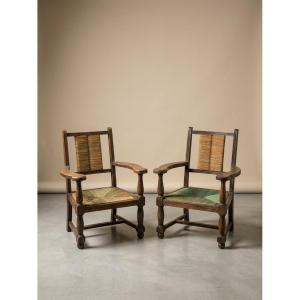 Paire de Fauteuils Brutaliste en bois tournée rustique 1950s