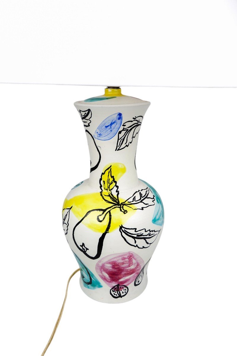 Gérard Hoffmann à Vallauris, Grande Lampe En Céramique à Décor De Fruits-photo-2