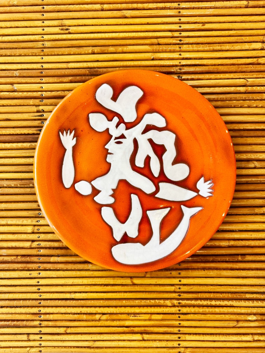 Orange Ceramic Plate After Jean Lurçat In Saint Vicens-photo-3