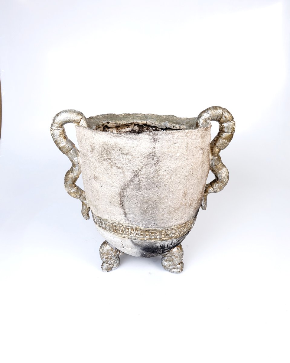 Large Tripod Raku Vase Or Planter With Two Handles By François Belliard-photo-3