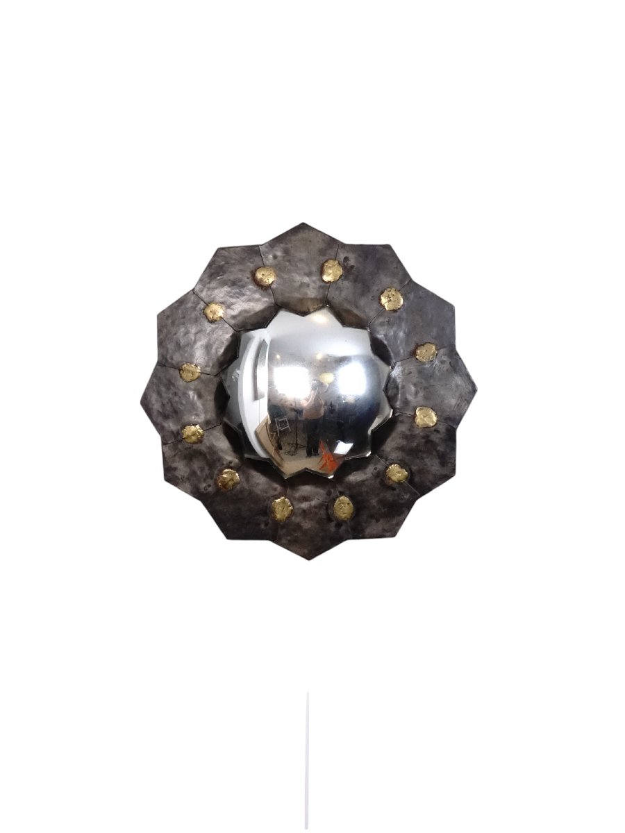 Miroir sorcière en métal patiné et doré des années 1950-1960-photo-2