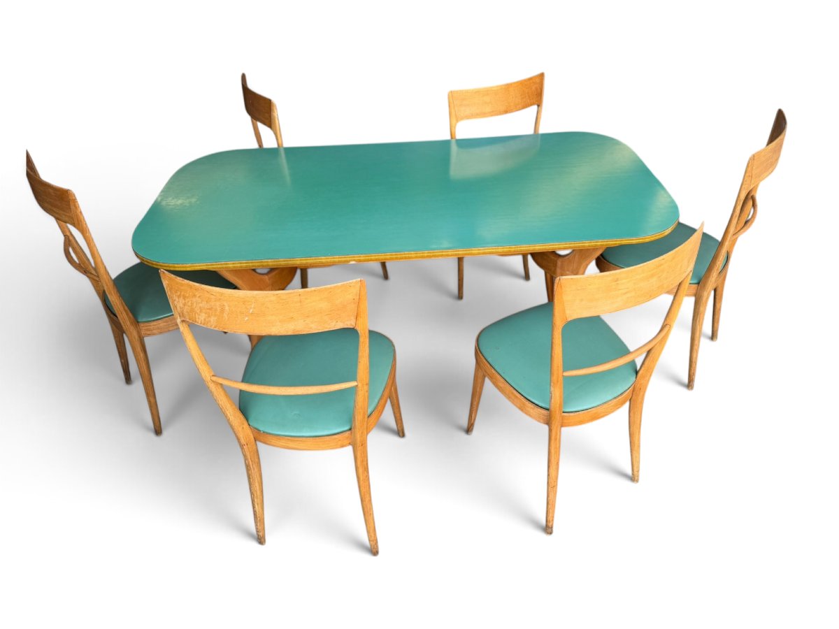 Table et 6 chaises de salle à manger en bois et formica vert dans l'esprit d'Ico PARISI-photo-3