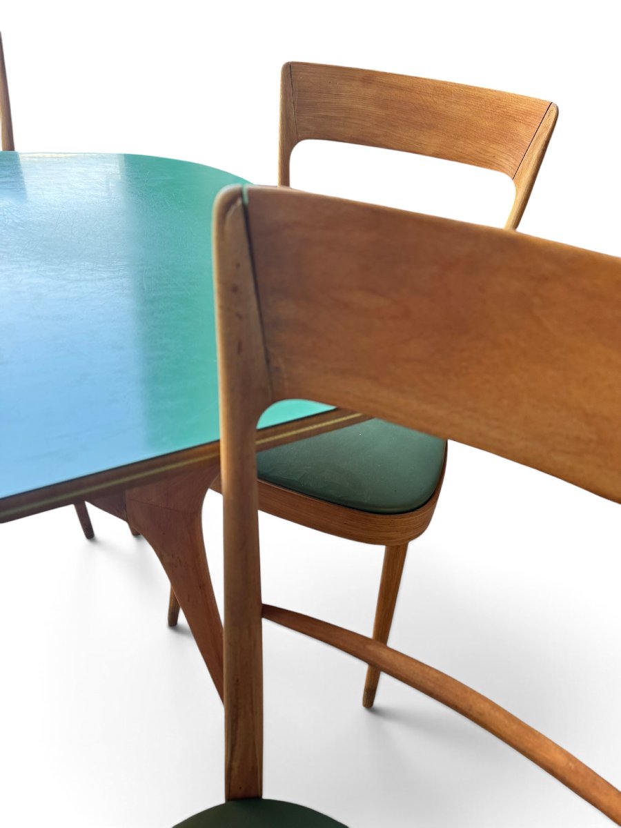 Table et 6 chaises de salle à manger en bois et formica vert dans l'esprit d'Ico PARISI-photo-1
