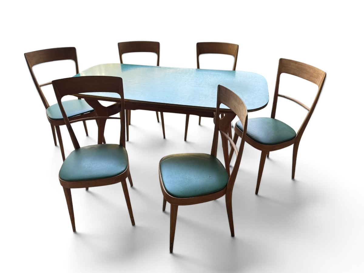 Table et 6 chaises de salle à manger en bois et formica vert dans l'esprit d'Ico PARISI-photo-5