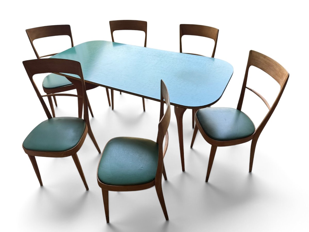 Table et 6 chaises de salle à manger en bois et formica vert dans l'esprit d'Ico PARISI-photo-7