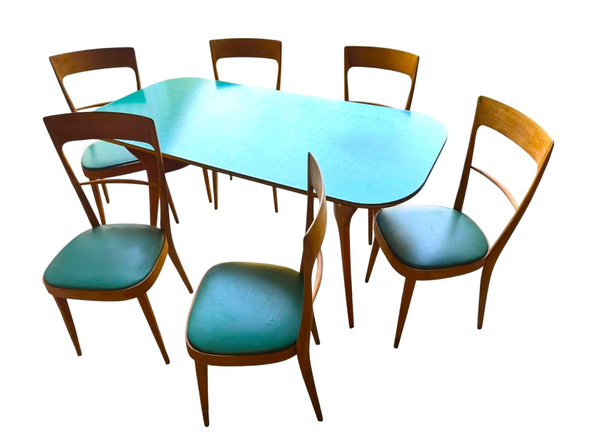 Table et 6 chaises de salle à manger en bois et formica vert dans l'esprit d'Ico PARISI