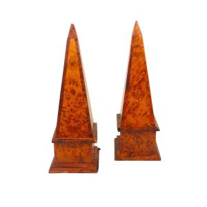 Paire d'Obélisques En Placage De Loupe d'Orme