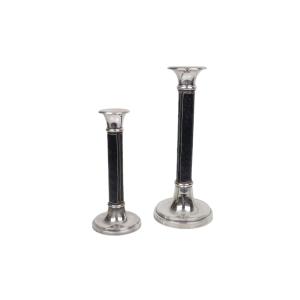 Pair Of Metal And Leather Candlesticks In The Style Of Jacques Adnet