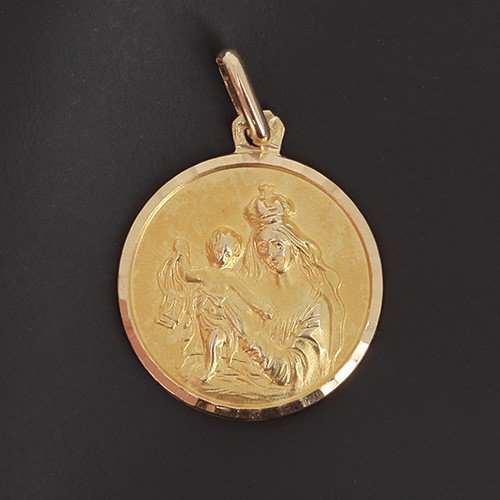 Baptismal Medal "sacred Heart Scapular And Crowned Virgin" In 750 ‰ Yellow Gold-photo-2