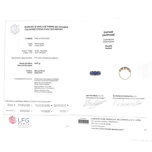 Bague jarretière en or jaune 750 ‰ présentant 5 saphirs ovales facettés (Certificat LFG)-photo-4