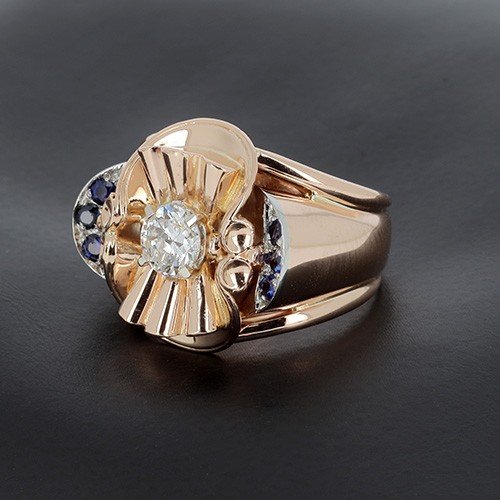 Tank Ring In 750‰ Rose Gold With Half-size Diamond Of 0.53 Ct (estimated H-vs) And Sapphires - B10363-photo-2