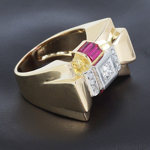 Tank Ring In 750 ‰ Yellow Gold Presenting 0.25ct Diamond, Calibrated Ruby And Diamonds B10419-photo-2