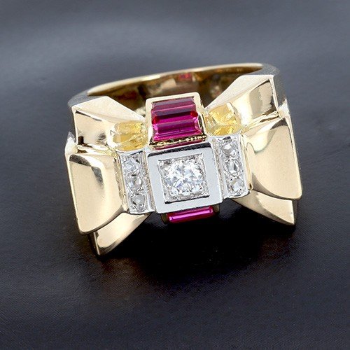 Tank Ring In 750 ‰ Yellow Gold Presenting 0.25ct Diamond, Calibrated Ruby And Diamonds B10419-photo-4