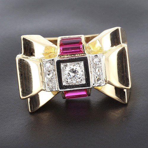 Tank Ring In 750 ‰ Yellow Gold Presenting 0.25ct Diamond, Calibrated Ruby And Diamonds B10419