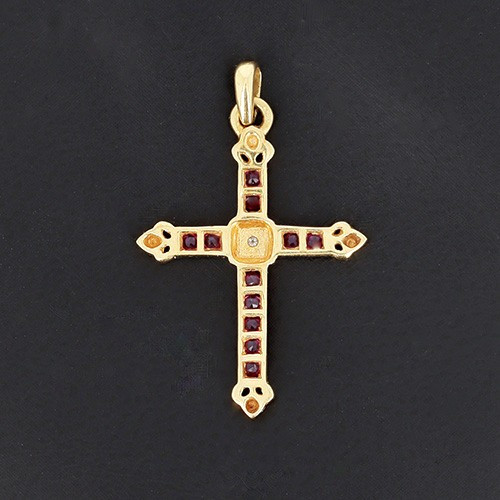Vintage Fleur-de-lis Cross In 750‰ Yellow Gold, Calibrated Rubies And Diamond - B10561-photo-2