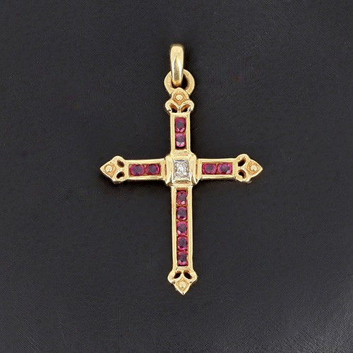Vintage Fleur-de-lis Cross In 750‰ Yellow Gold, Calibrated Rubies And Diamond - B10561