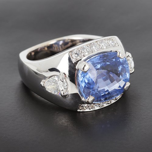Ring In White Gold 750 ‰ Cushion-cut Unheated Ceylon Sapphire And Diamonds- B10523-photo-2